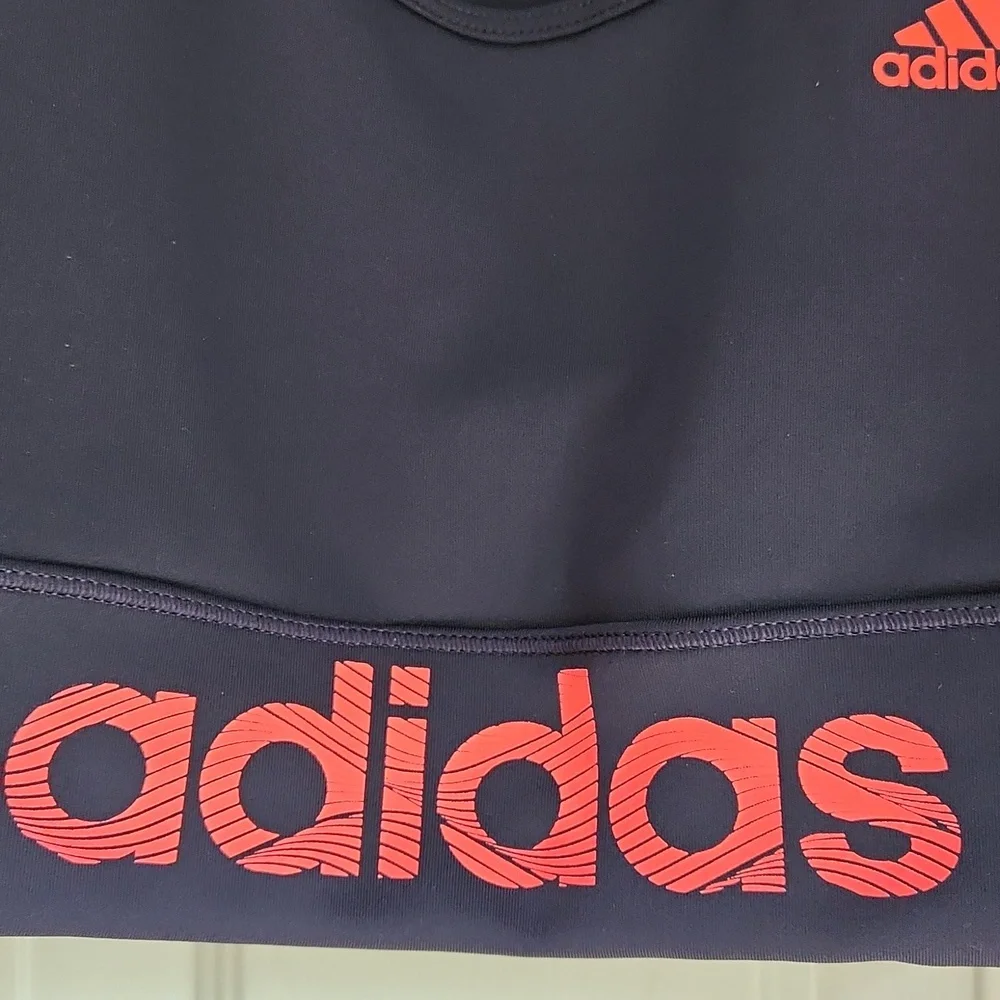 Adidas, Women's, Sz M,Sports Bra, Navy w Logo on R Chest &across Front Chest - Picture 2 of 8